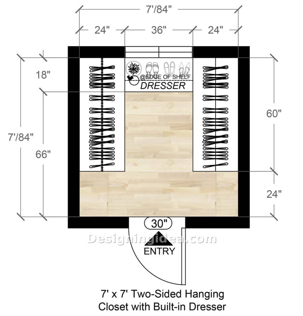 Seven foot square closet with matching hanging rods flanking a center dresser