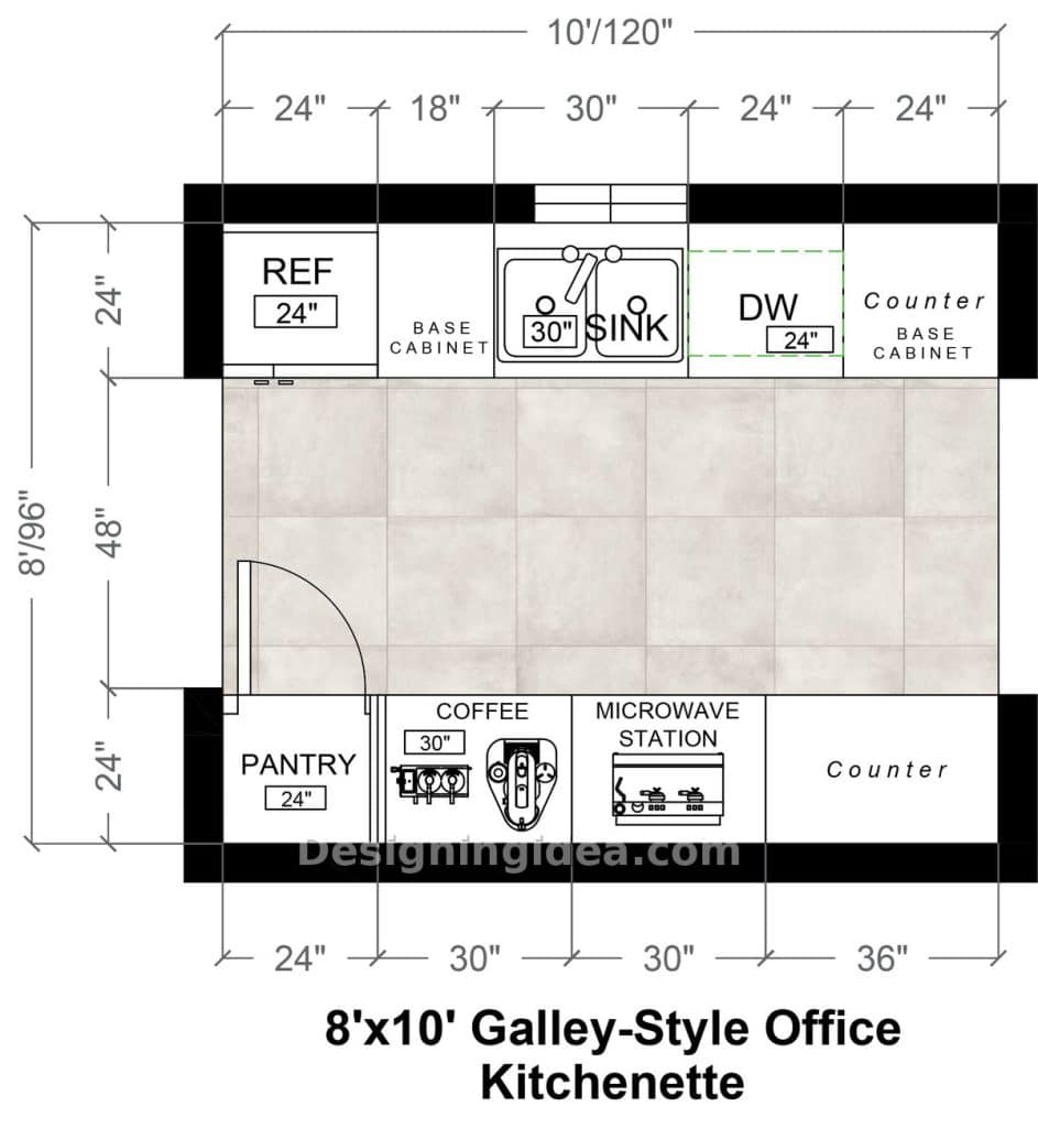 Galley kitchenette plan showing fridge and sink opposite pantry, coffee and microwave