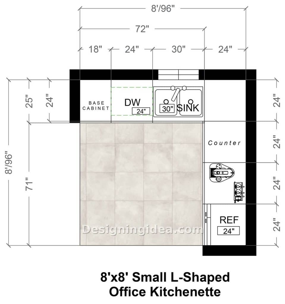 L-shaped break room plan with sink and dishwasher on top wall, fridge on right