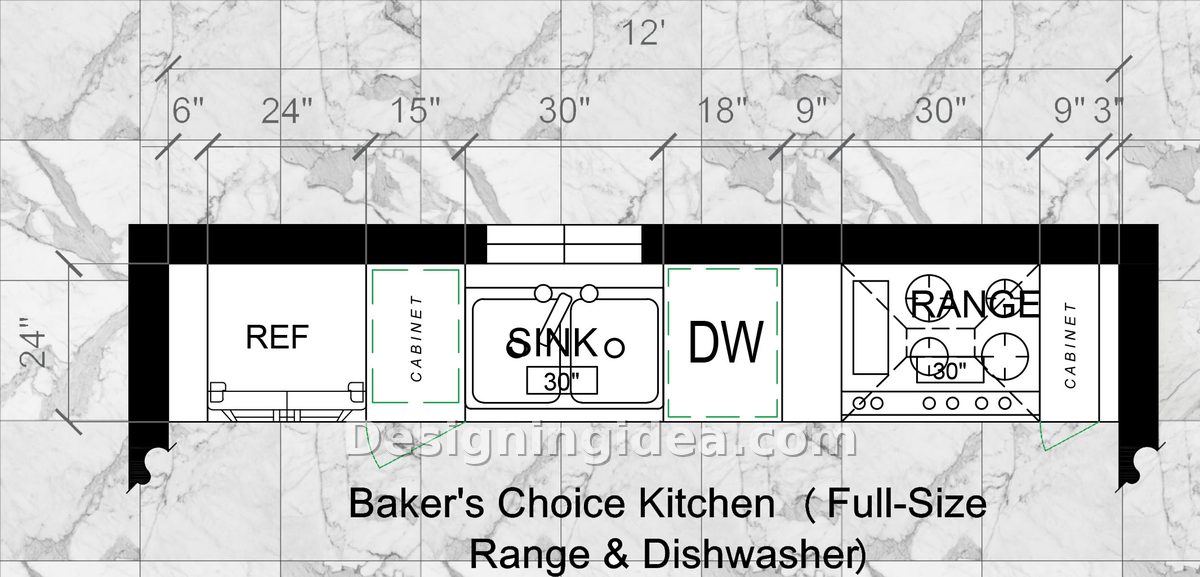 Floor plan pairing a 30 inch range with an 18 inch dishwasher on one wall