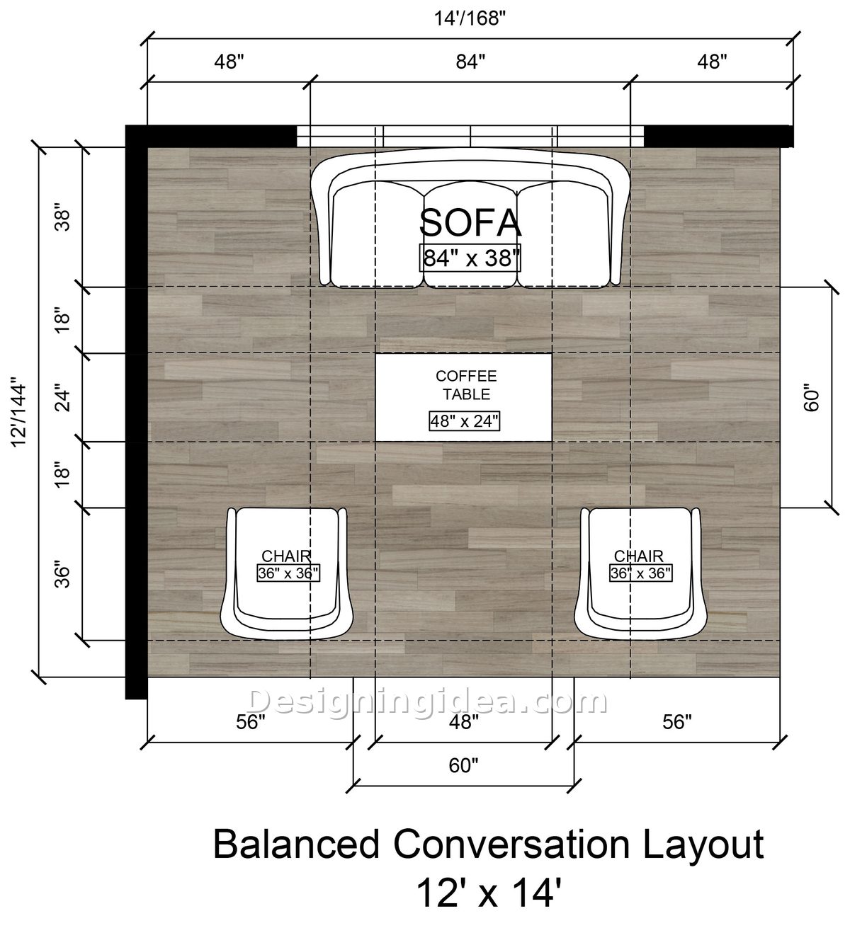 Floor plan of an 84 inch sofa facing two armchairs in a 12x14 room