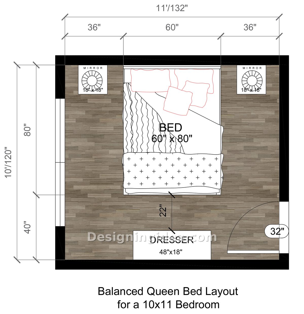 10x11 bedroom layout with queen bed centered on the long wall and dresser opposite