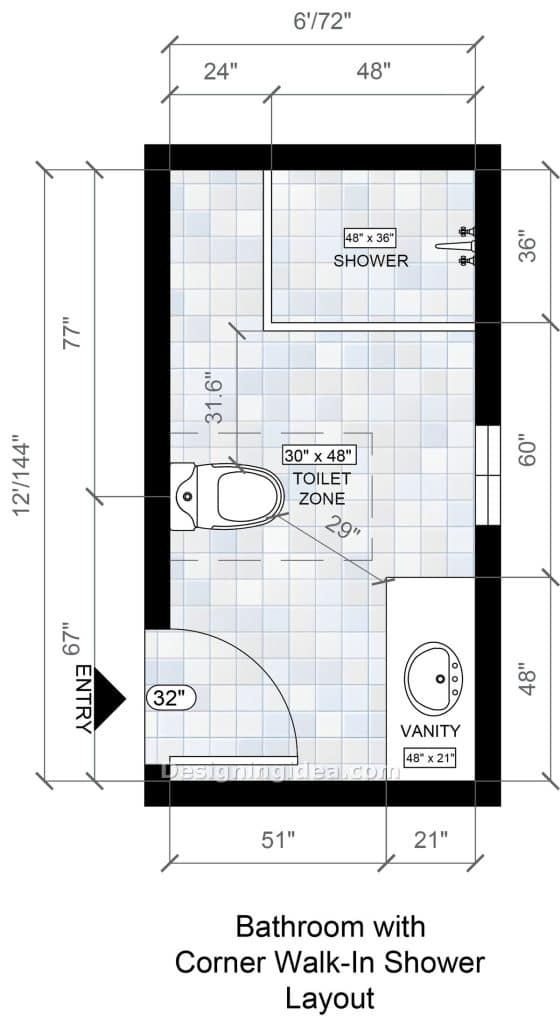 Walk in shower tucked into the far corner of a narrow bathroom