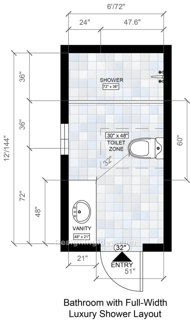 Luxury shower spanning the full six foot end wall of the room