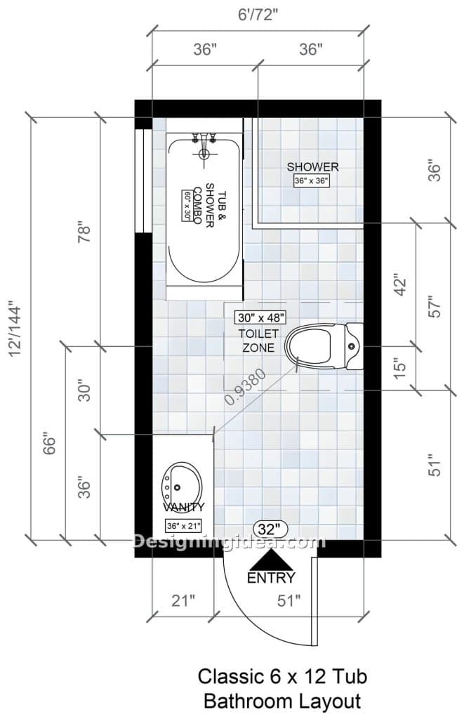 Narrow bathroom plan pairing a soaking tub with a corner shower stall