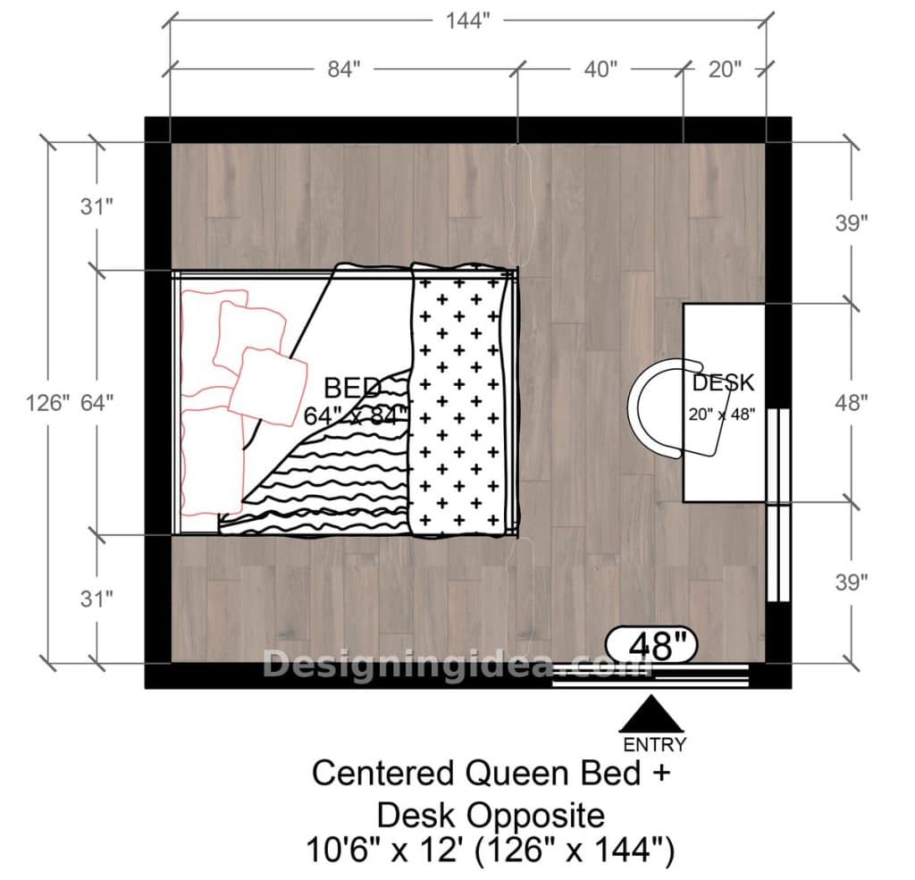 Centered queen bed with walkways on both sides and desk by the window