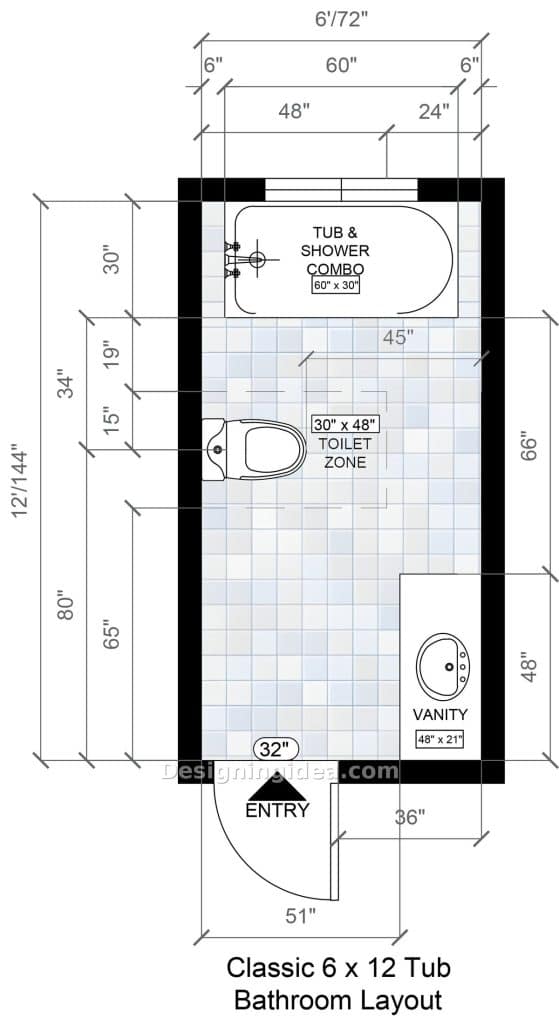 Floor plan of a narrow bathroom with a 60 inch tub shower combo