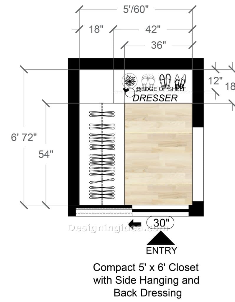 Five by six closet with narrow hanging bay and dresser along the back wall