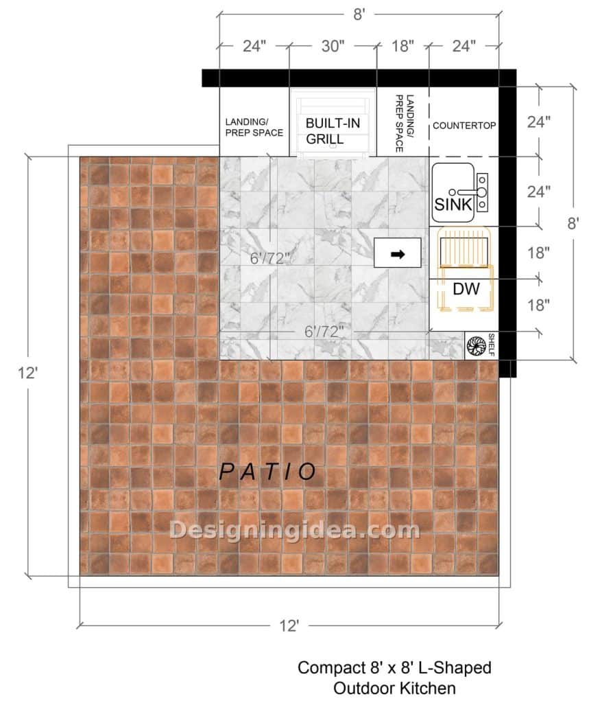 Compact eight by eight outdoor kitchen plan with built-in grill, sink and dishwasher