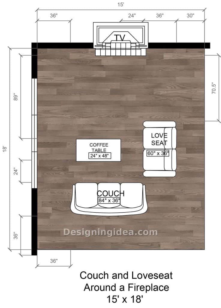 Floating couch and loveseat grouped near a fireplace wall in a long room