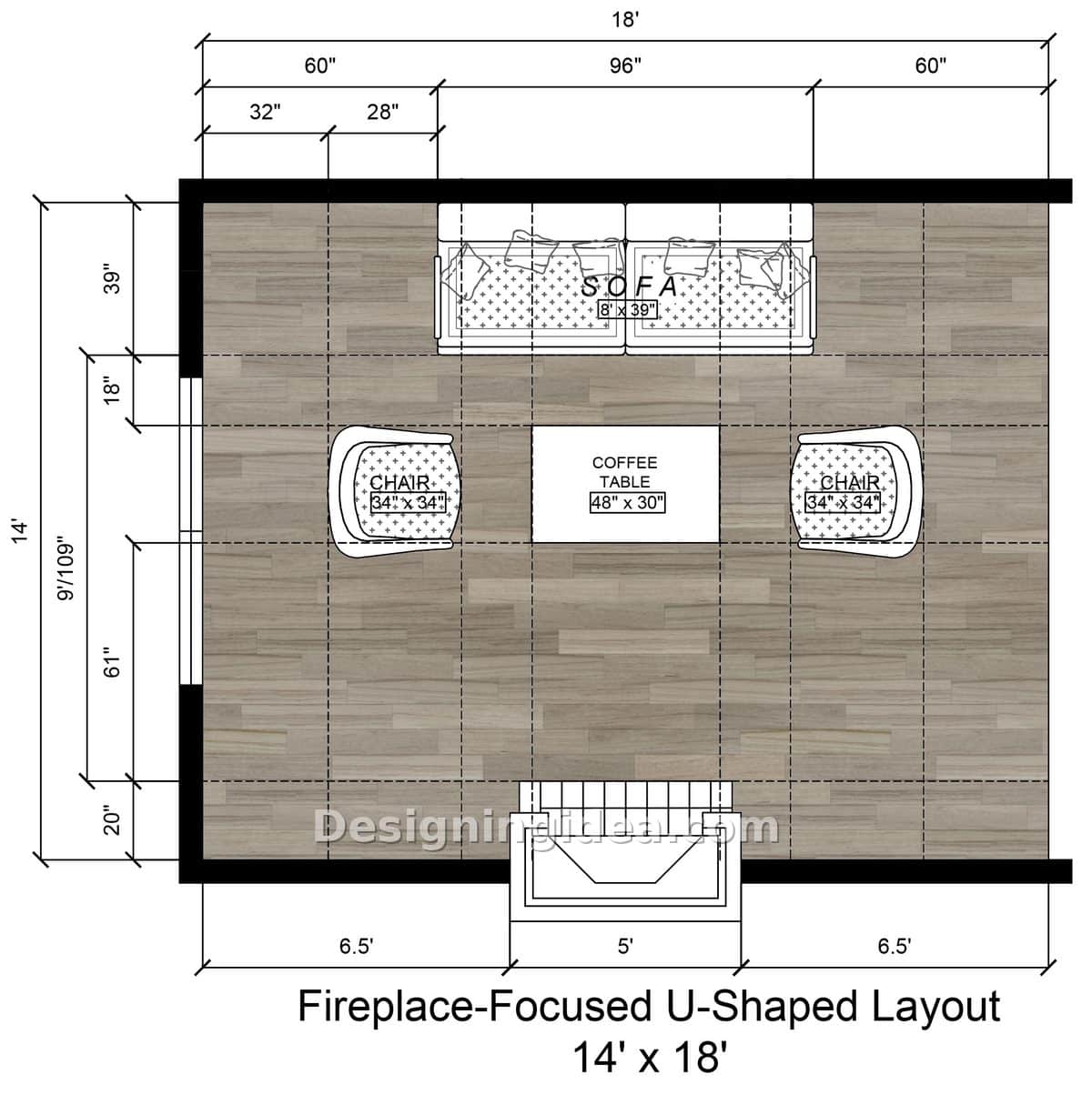U-shaped seating with an eight foot sofa facing a centered fireplace wall