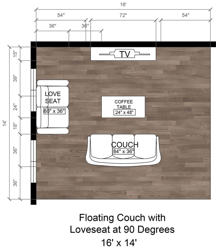 Floating sofa centered on a wide TV with loveseat on the left wall