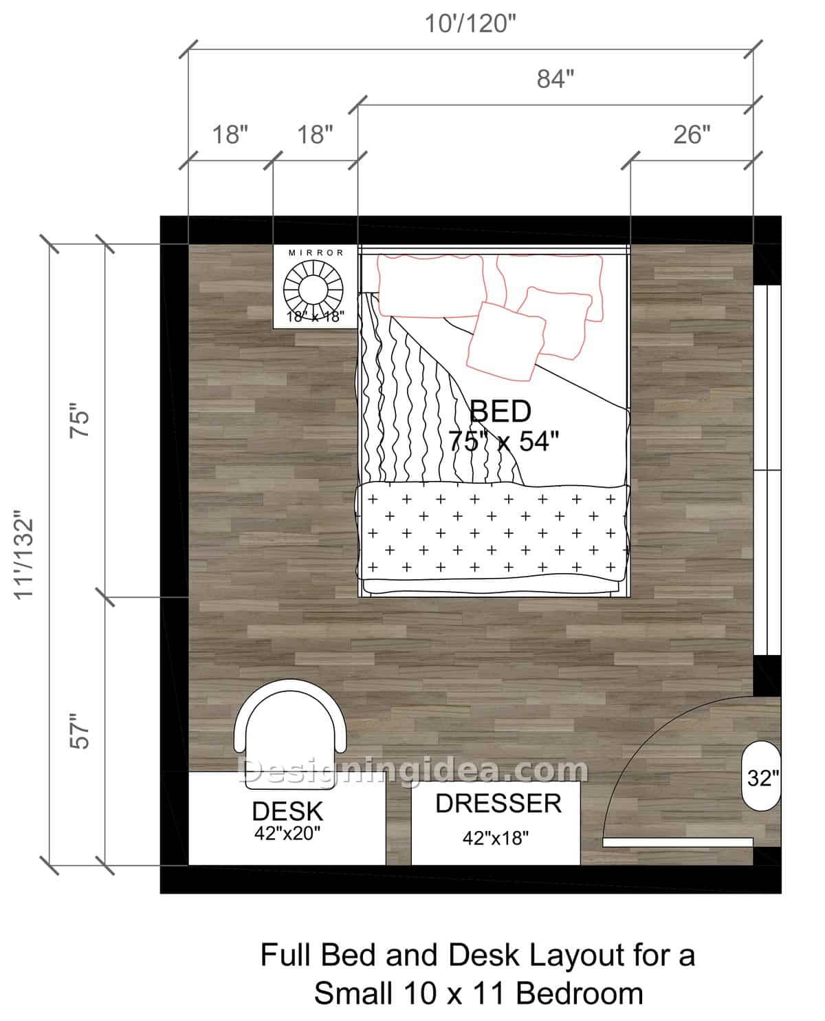 10x11 bedroom layout with full bed, desk and dresser along the bottom wall