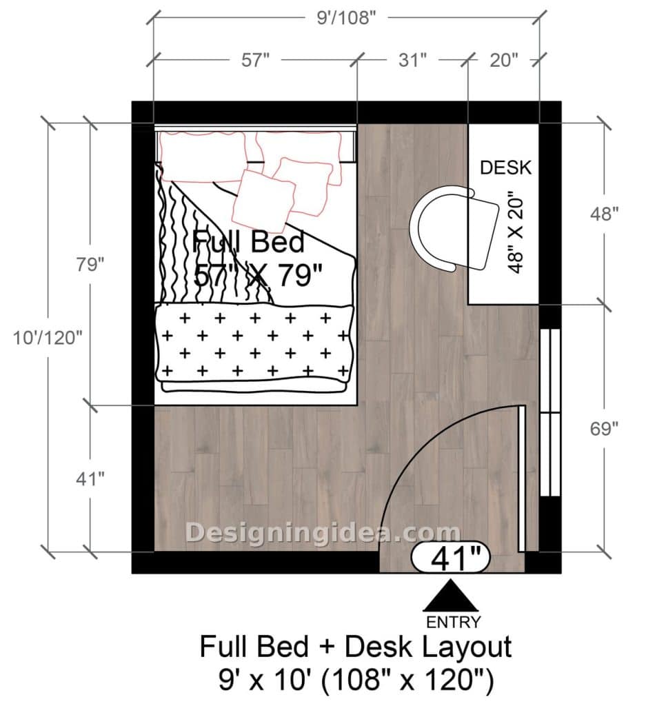 Full size bed beside a 48 inch desk in a nine by ten bedroom