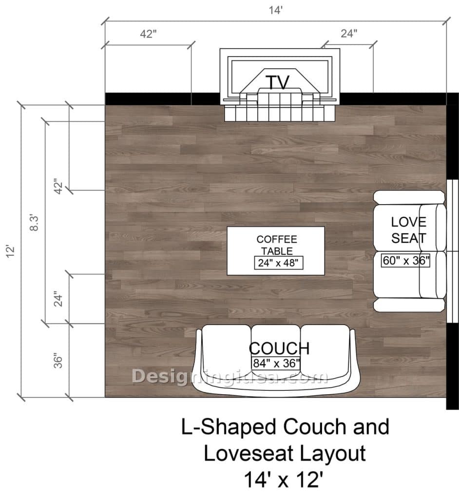 Couch against the bottom wall and loveseat on the right wall facing a television