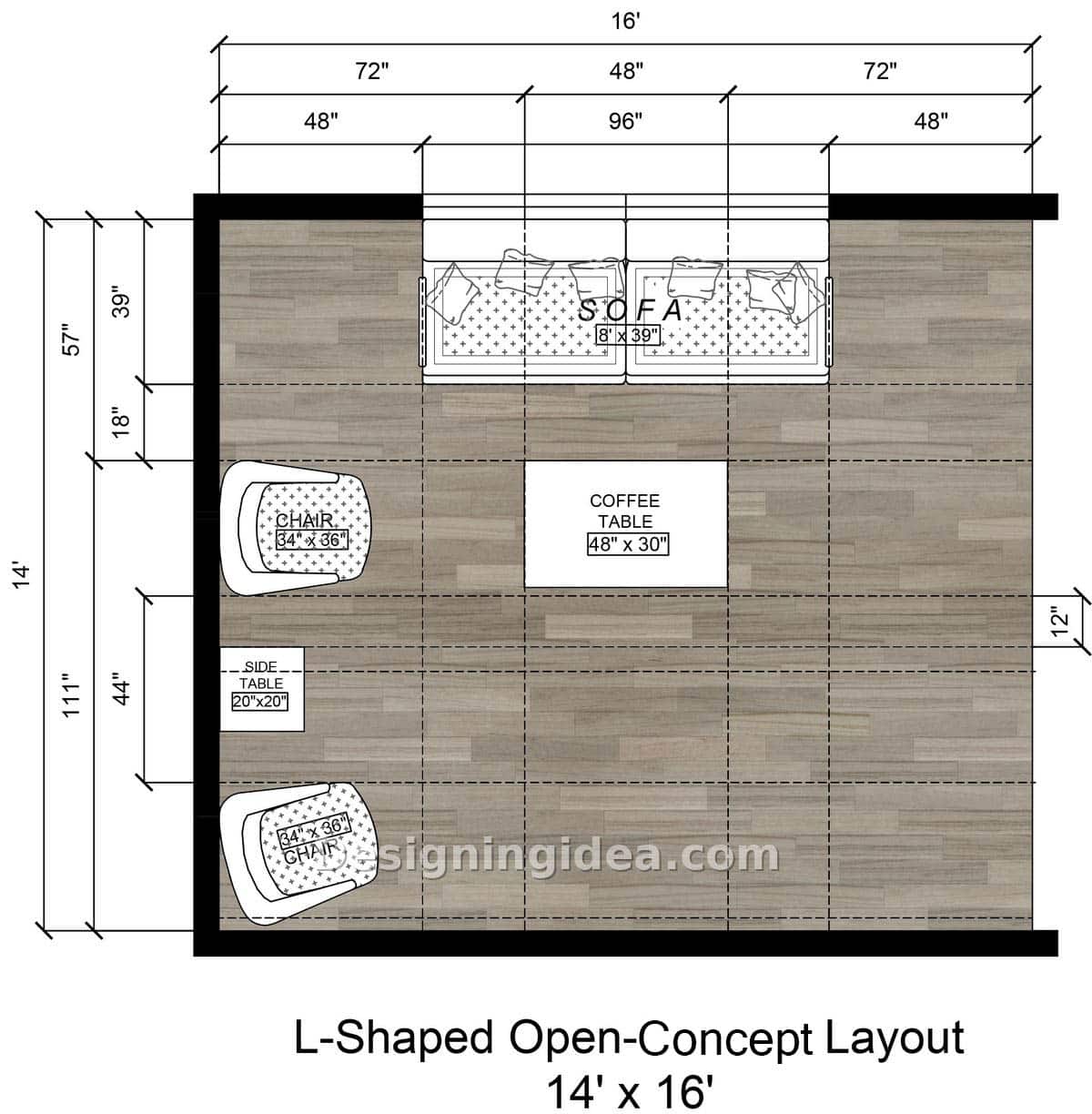 Open concept living room plan with two armchairs lined along the left wall