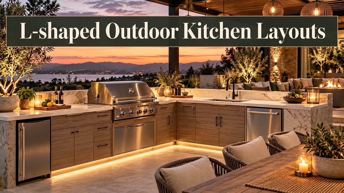 L-shaped outdoor kitchen at dusk with stainless grill, marble counters and wicker dining chairs