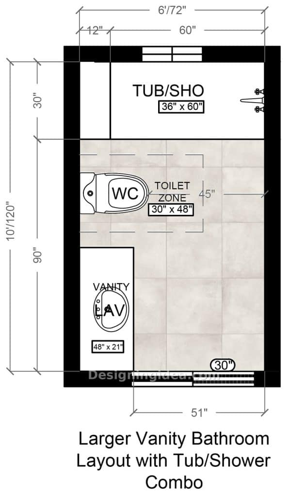 Bathroom plan featuring 48 inch vanity, toilet zone, and tub with end ledge