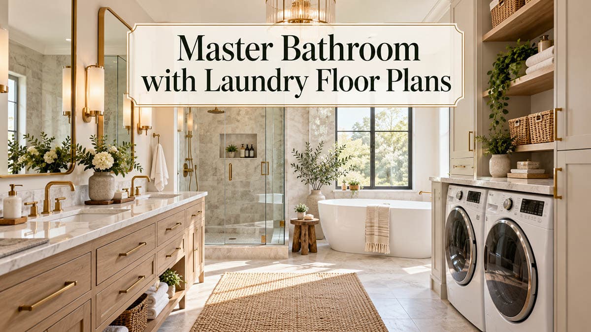 Bright master bathroom with oak double vanity, freestanding tub and front load washer dryer