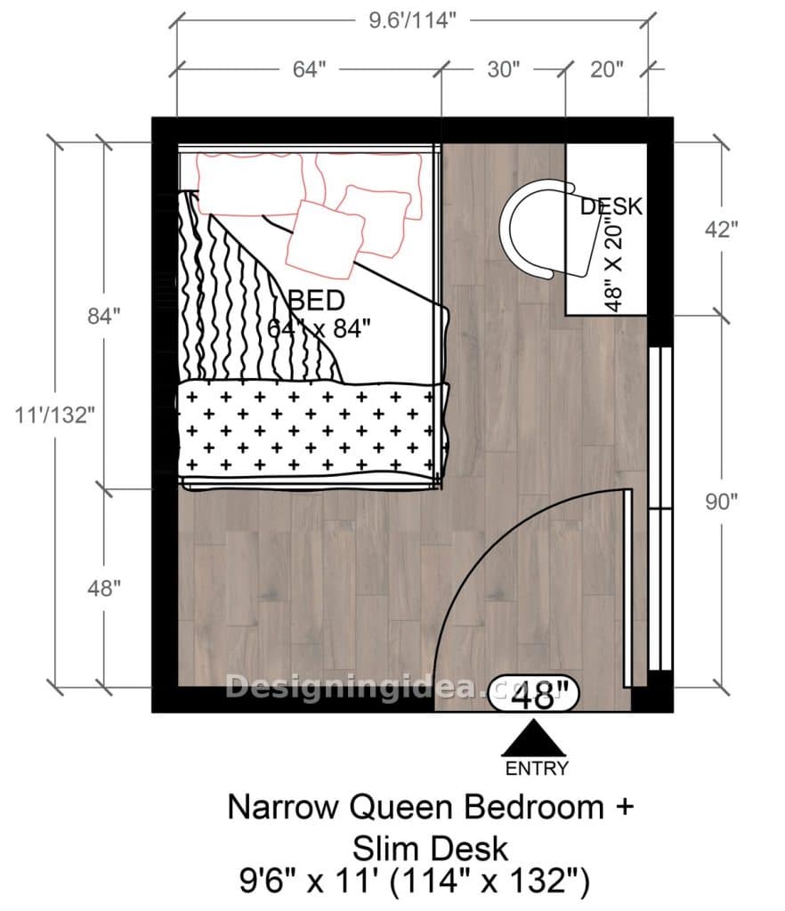 Narrow nine and a half foot bedroom fitting a queen bed and slim desk