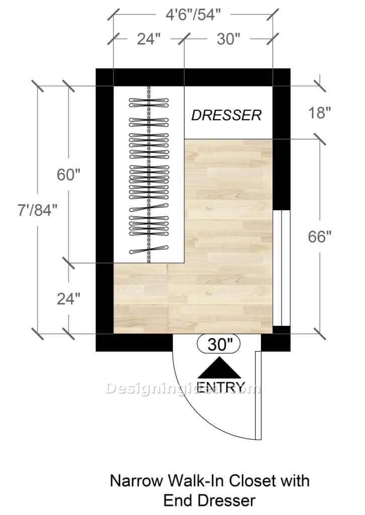 Long narrow closet plan with one hanging rod and dresser at far end