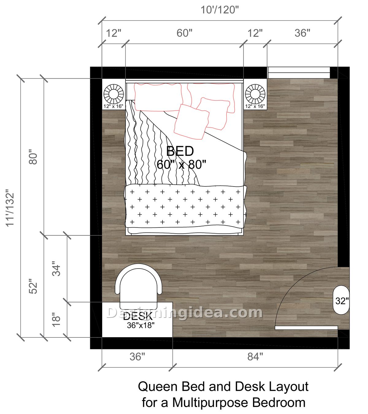 10x11 bedroom layout with queen bed offset left and small corner desk