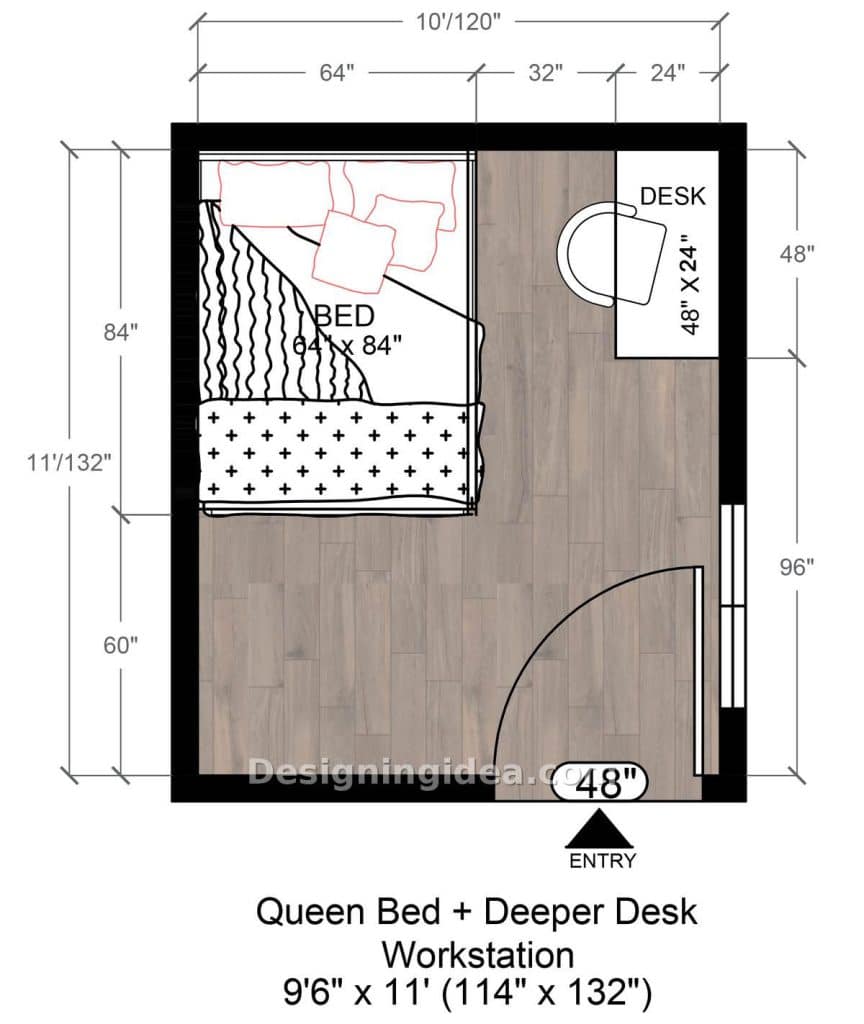 Corner workstation with 24 inch deep desk across from a queen bed