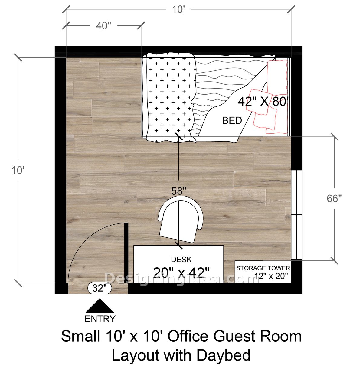 Compact square room with daybed on the back wall and desk by the door