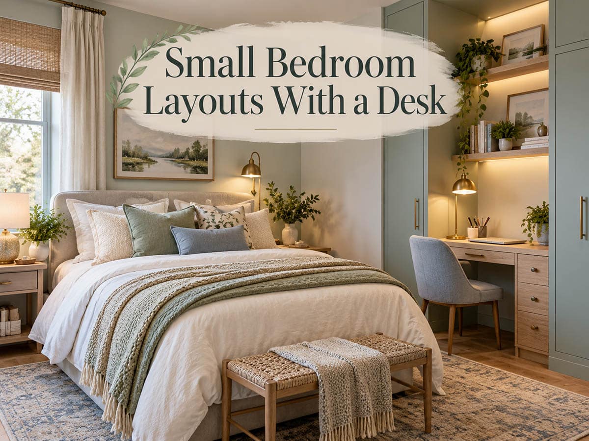 Cozy sage green bedroom with upholstered bed and built-in corner desk