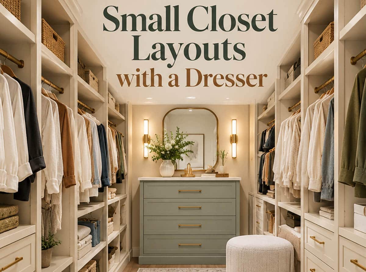 Walk-in closet with sage green dresser between open hanging and shelving walls