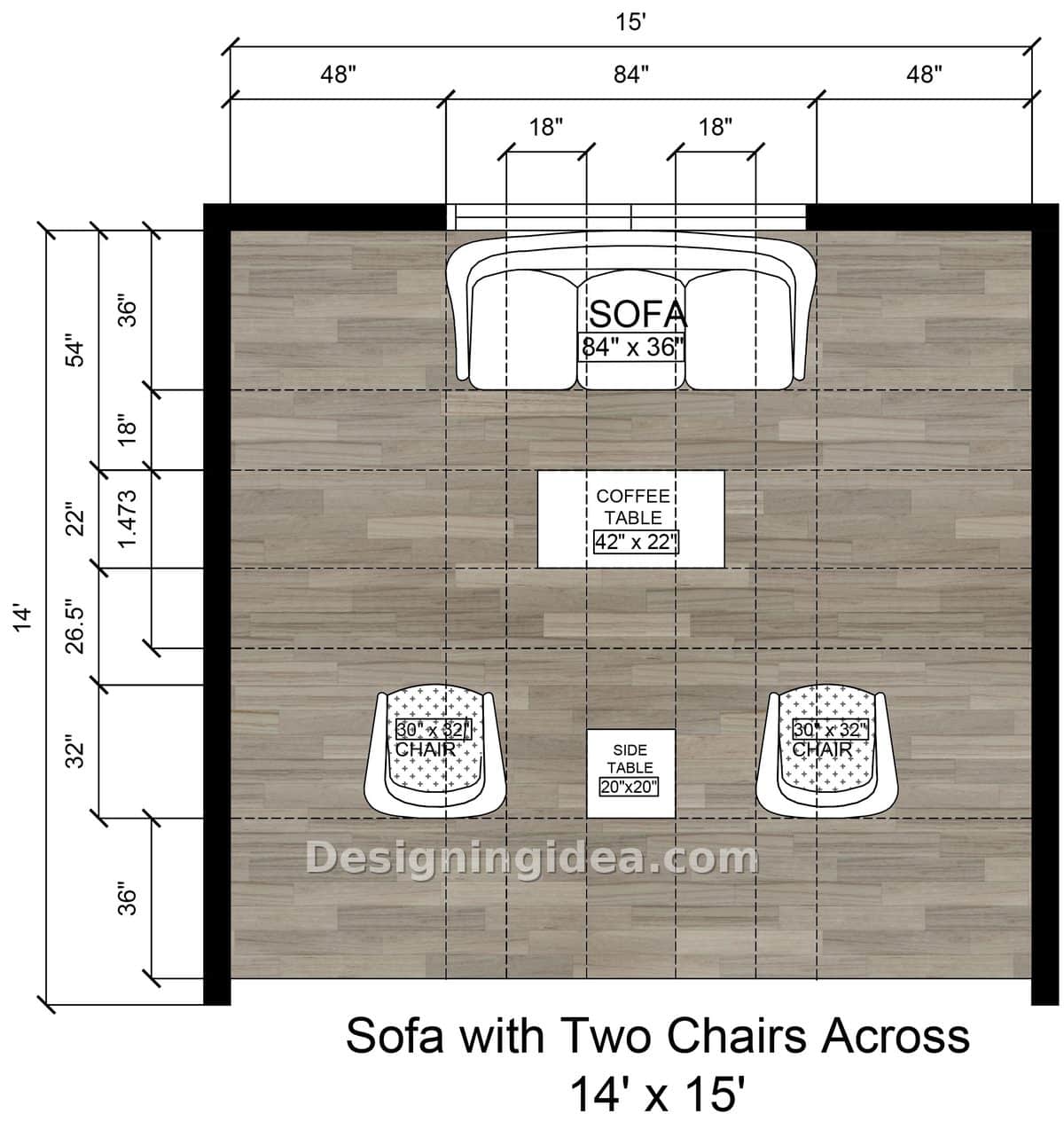 Sofa under a window across from two compact chairs sharing a side table