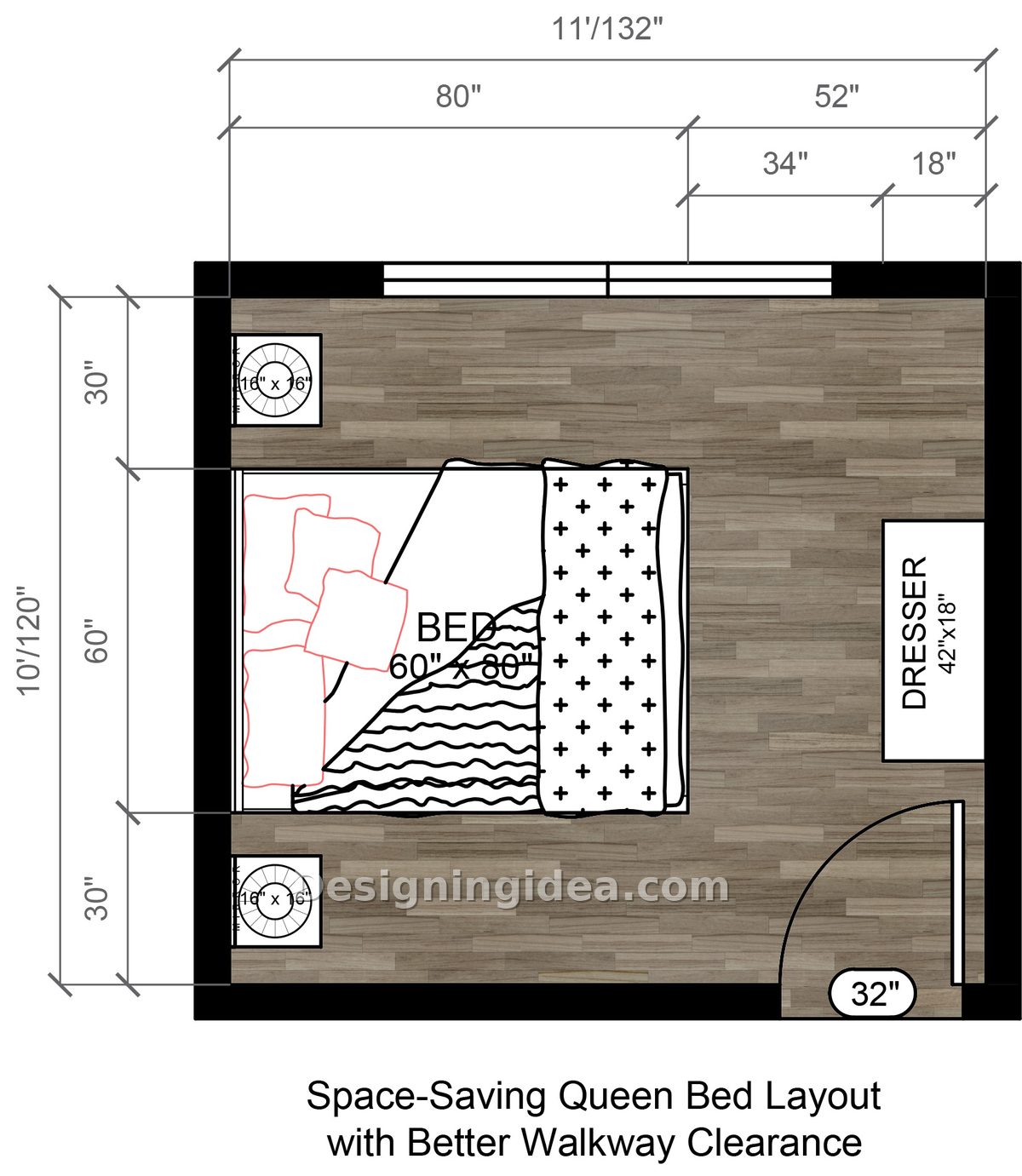 10x11 bedroom layout with queen headboard on the short wall facing a dresser