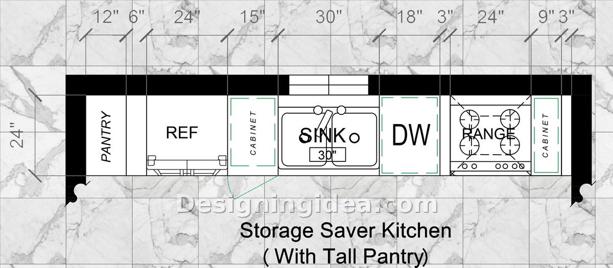 Storage focused kitchen with a 12 inch tall pantry beside the refrigerator