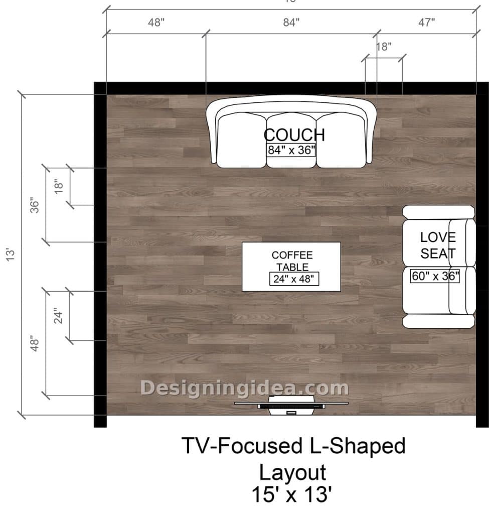 Couch facing a wall mounted TV with loveseat tucked along the right side