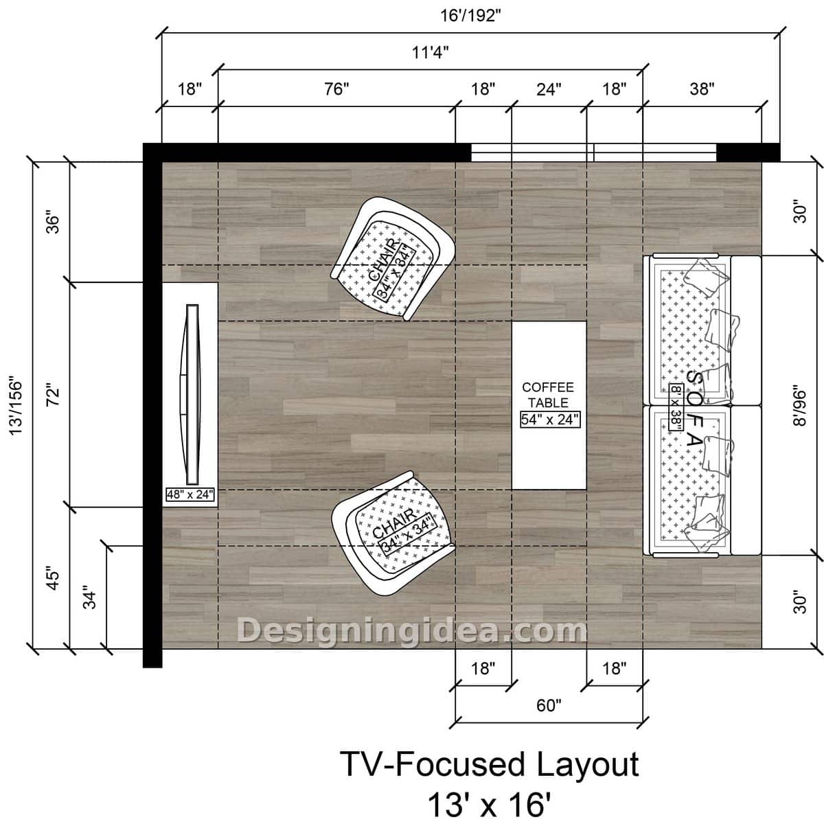 TV console facing an eight foot sofa with two angled accent chairs between