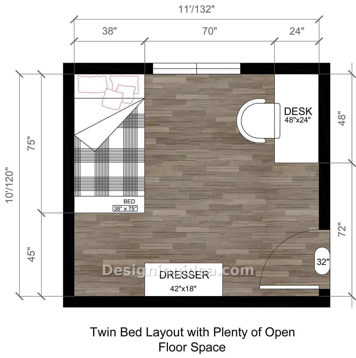 10x11 bedroom layout with twin bed in the corner and desk by the window