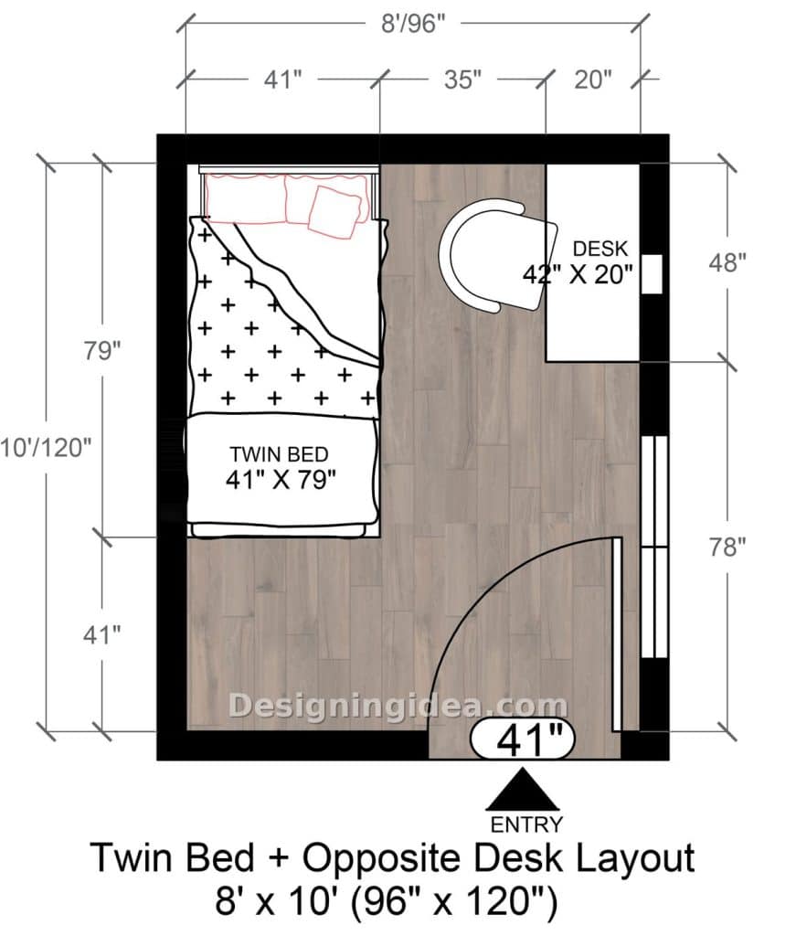Twin bed along left wall with small desk opposite in 8 by 10 room